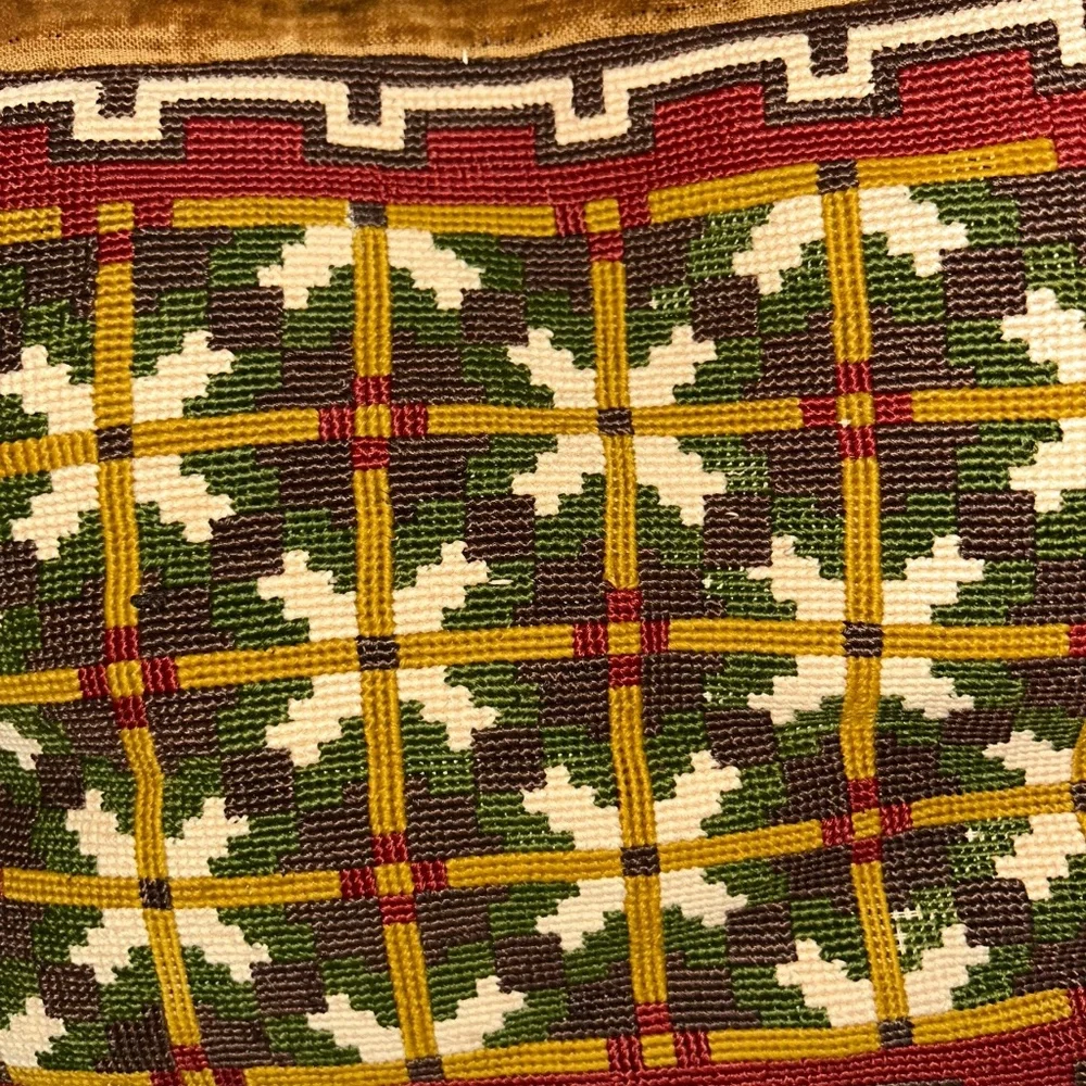 antique needlepoint earthy browns velvet backed pillow